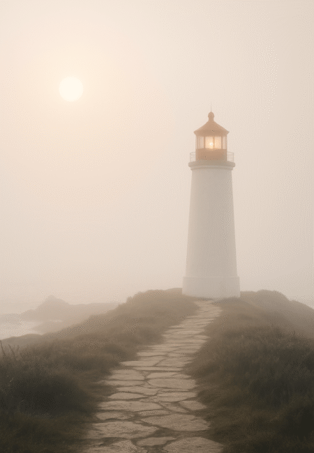 Phare éclairé dans la brume au bord de la mer, symbolisant le cap et la direction stratégique à suivre.