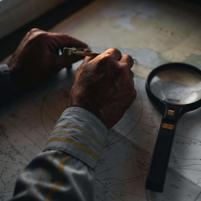 Mains d’un navigateur traçant une route sur une carte marine avec un compas, symbolisant l’orientation et la stratégie en entreprise
